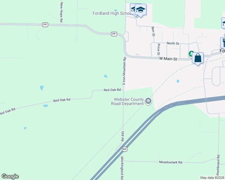 map of restaurants, bars, coffee shops, grocery stores, and more near 2129 Red Oak Road in Fordland