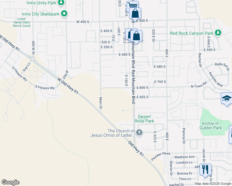 map of restaurants, bars, coffee shops, grocery stores, and more near 75 East 800 South in Ivins