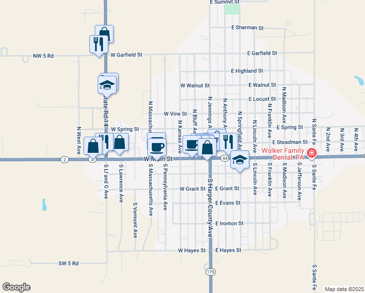 map of restaurants, bars, coffee shops, grocery stores, and more near 201-299 North Kansas Avenue in Anthony