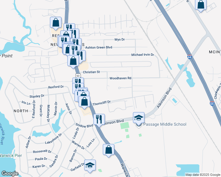 map of restaurants, bars, coffee shops, grocery stores, and more near 501 Dahlia Court in Newport News