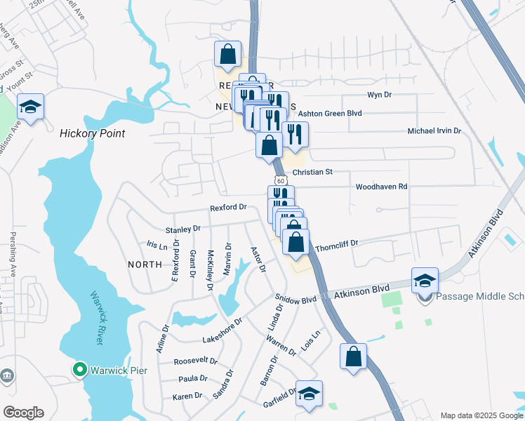 map of restaurants, bars, coffee shops, grocery stores, and more near 40 Rexford Drive in Newport News