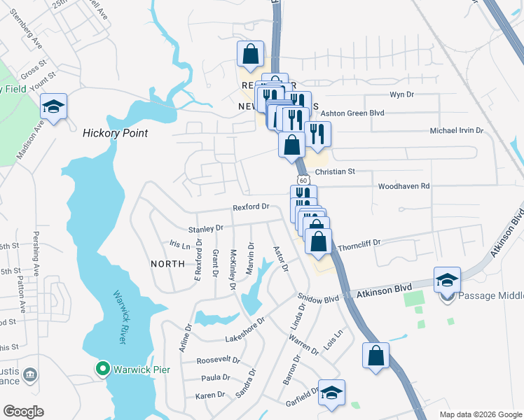 map of restaurants, bars, coffee shops, grocery stores, and more near 56 Rexford Drive in Newport News