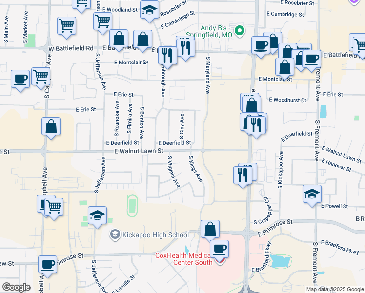 map of restaurants, bars, coffee shops, grocery stores, and more near 3342 South Clay Avenue in Springfield