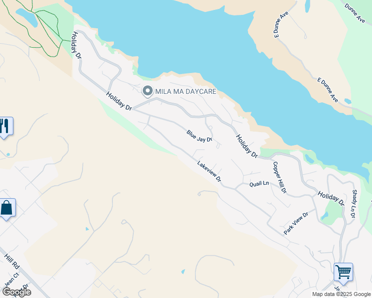 map of restaurants, bars, coffee shops, grocery stores, and more near 17430 Lakeview Drive in Morgan Hill