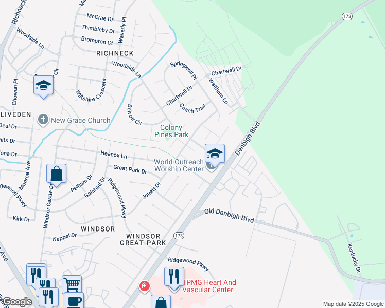 map of restaurants, bars, coffee shops, grocery stores, and more near 1222 Colony Pines Drive in Newport News