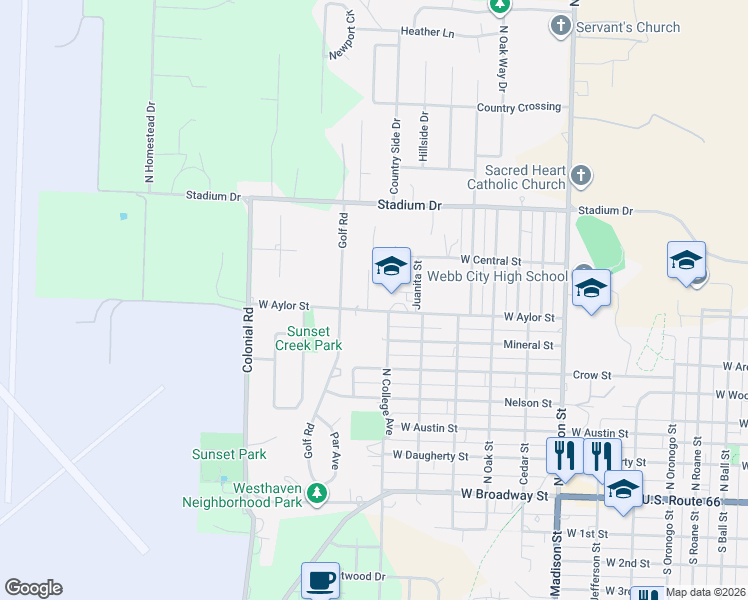 map of restaurants, bars, coffee shops, grocery stores, and more near 705 Crockett Drive in Webb City