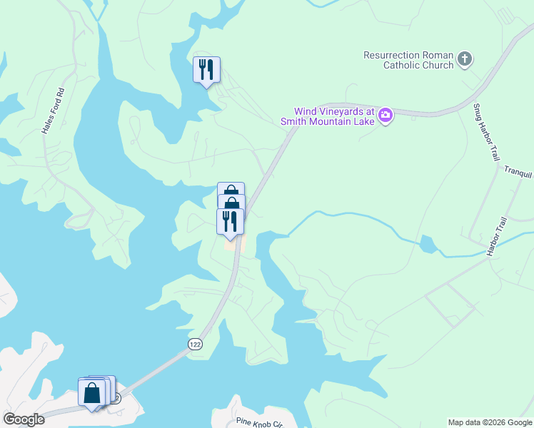 map of restaurants, bars, coffee shops, grocery stores, and more near 16414 Moneta Road in Moneta