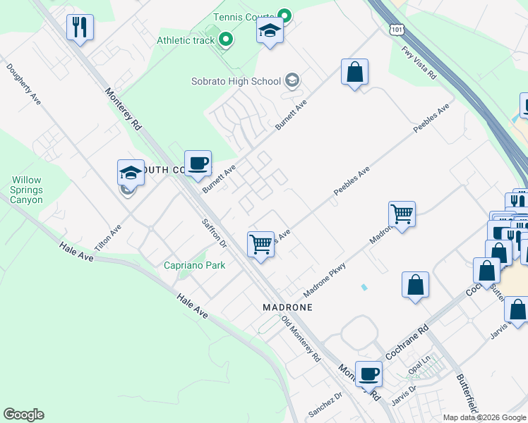 map of restaurants, bars, coffee shops, grocery stores, and more near 66 Greenwood Circle in Morgan Hill