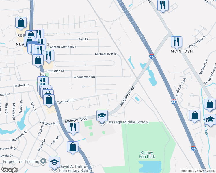 map of restaurants, bars, coffee shops, grocery stores, and more near 423 Stallings Court in Newport News