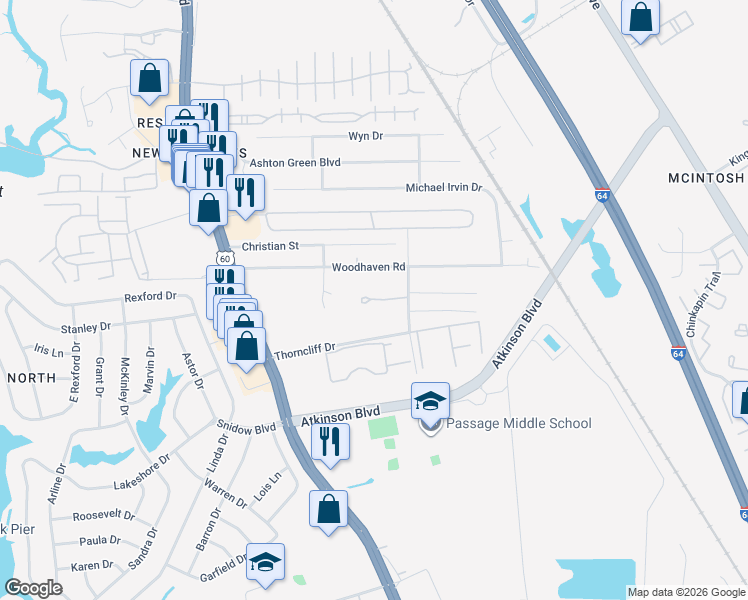 map of restaurants, bars, coffee shops, grocery stores, and more near 34 Teardrop Lane in Newport News