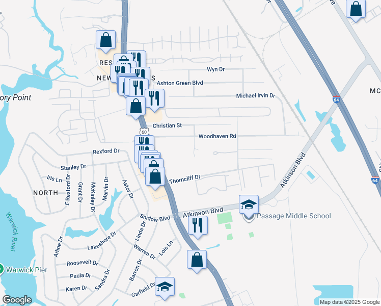 map of restaurants, bars, coffee shops, grocery stores, and more near 409 Flowers Terrace in Newport News