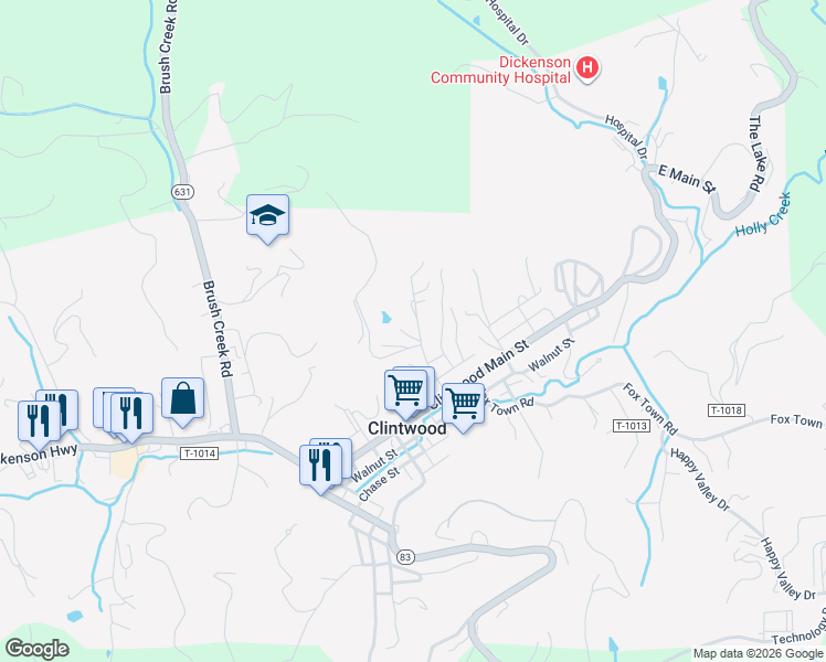 map of restaurants, bars, coffee shops, grocery stores, and more near Market Street in Clintwood