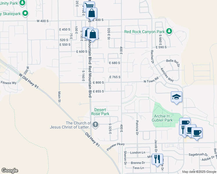 map of restaurants, bars, coffee shops, grocery stores, and more near 830 South 330 East Circle in Ivins