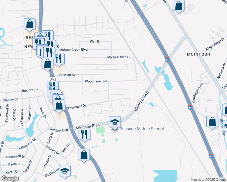 map of restaurants, bars, coffee shops, grocery stores, and more near 408 Stallings Court in Newport News