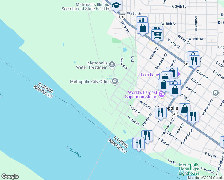 map of restaurants, bars, coffee shops, grocery stores, and more near 1-39 Universal Way in Metropolis