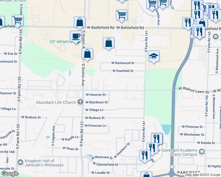 map of restaurants, bars, coffee shops, grocery stores, and more near 2524b West Zack Lane in Springfield