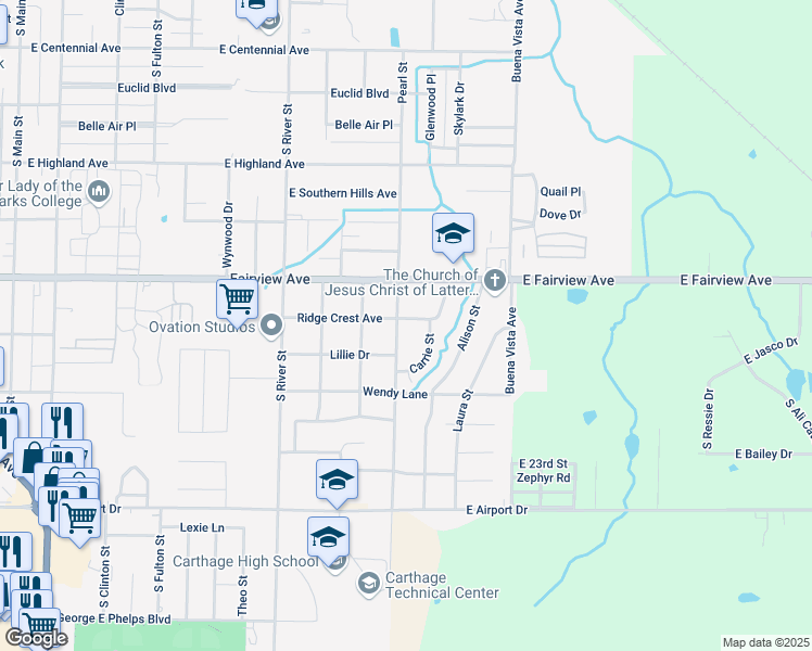 map of restaurants, bars, coffee shops, grocery stores, and more near 2040 Pearl Street in Carthage