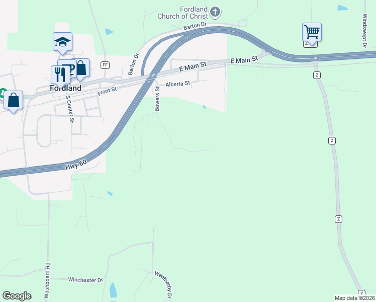 map of restaurants, bars, coffee shops, grocery stores, and more near 509-553 Bowers Street in Fordland