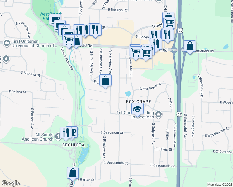 map of restaurants, bars, coffee shops, grocery stores, and more near 3260 South Oak Avenue in Springfield