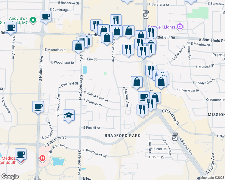 map of restaurants, bars, coffee shops, grocery stores, and more near 3315 South Delaware Avenue in Springfield