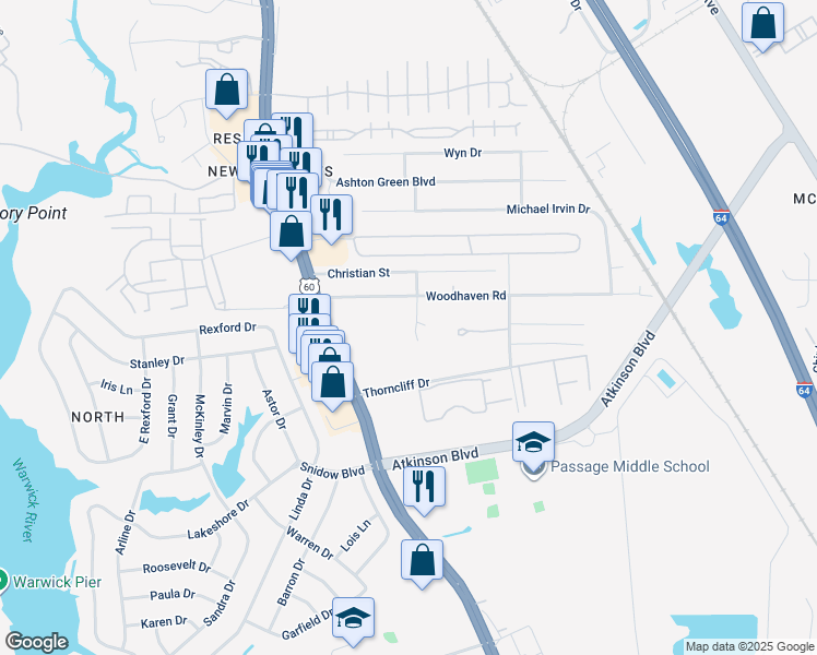 map of restaurants, bars, coffee shops, grocery stores, and more near 407 Flowers Terrace in Newport News