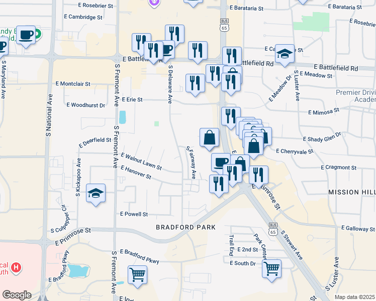 map of restaurants, bars, coffee shops, grocery stores, and more near 3328 South Fairway Avenue in Springfield