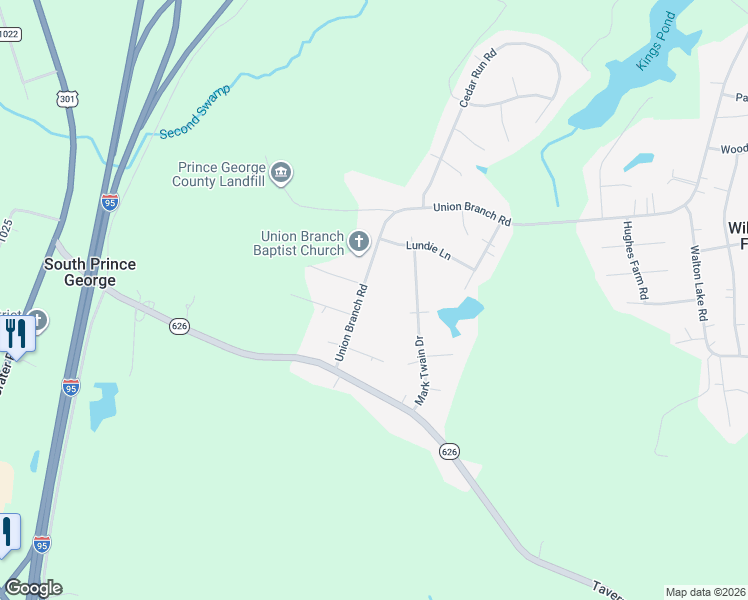 map of restaurants, bars, coffee shops, grocery stores, and more near 3335 Union Branch Road in Petersburg