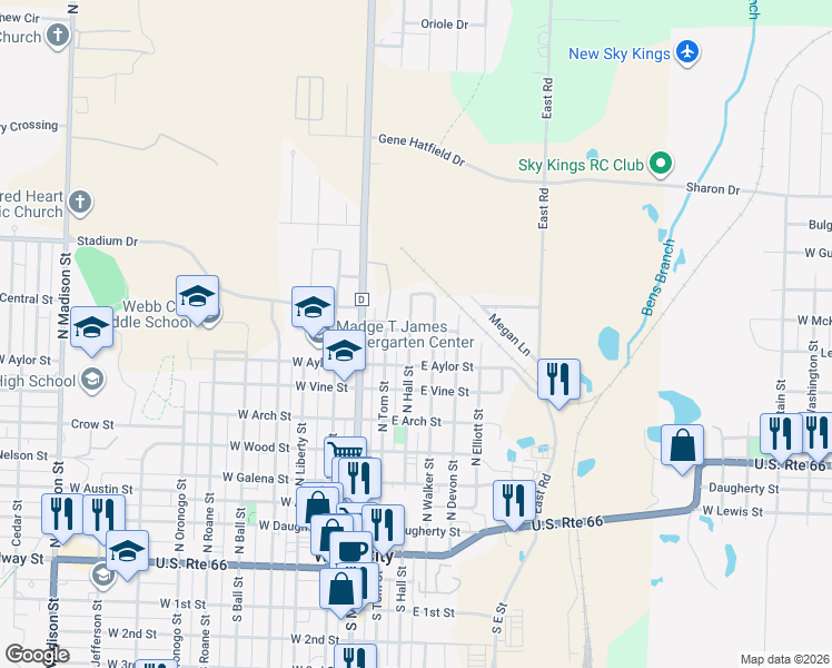 map of restaurants, bars, coffee shops, grocery stores, and more near 201-299 East Cook Street in Webb City