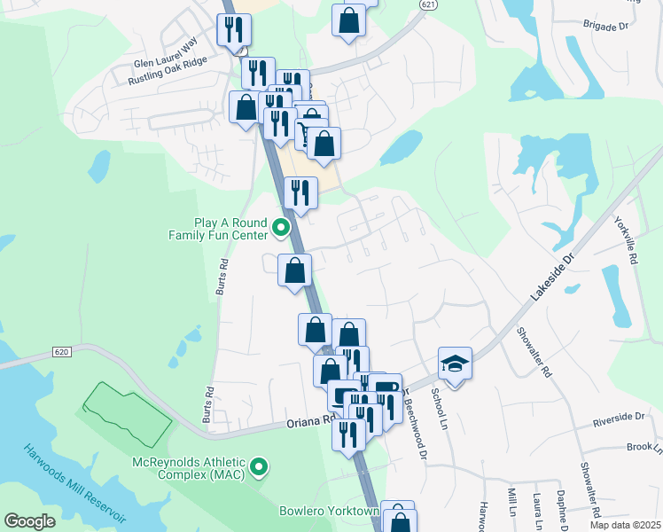 map of restaurants, bars, coffee shops, grocery stores, and more near 4900 George Washington Memorial Highway in Yorktown