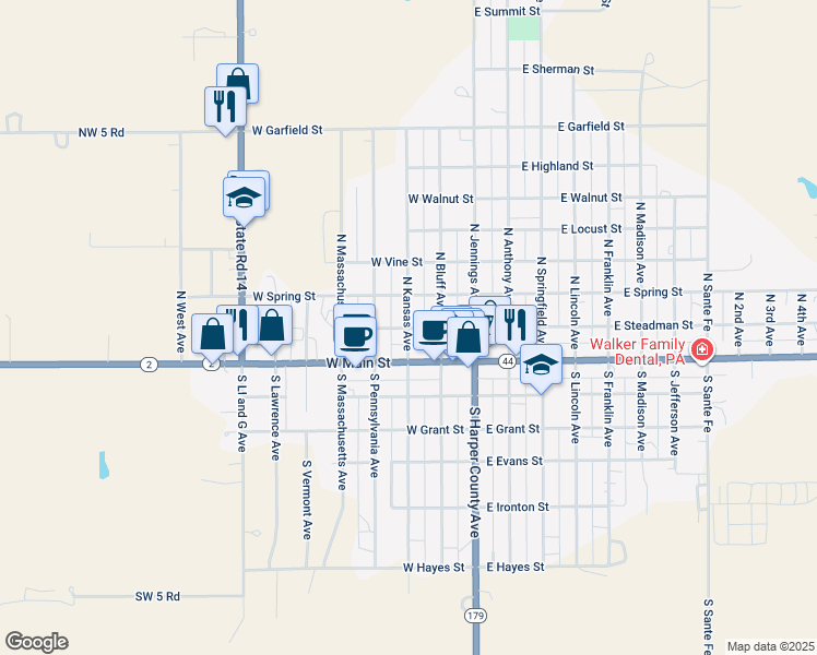 map of restaurants, bars, coffee shops, grocery stores, and more near 201 North Kansas Avenue in Anthony