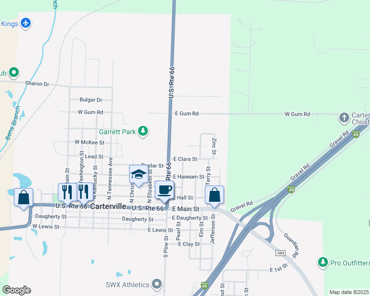 map of restaurants, bars, coffee shops, grocery stores, and more near 26 East Van Dalla Drive in Carterville