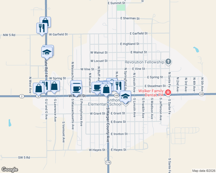 map of restaurants, bars, coffee shops, grocery stores, and more near 200 North Jennings Avenue in Anthony