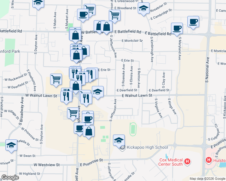 map of restaurants, bars, coffee shops, grocery stores, and more near 3339 South Jefferson Avenue in Springfield