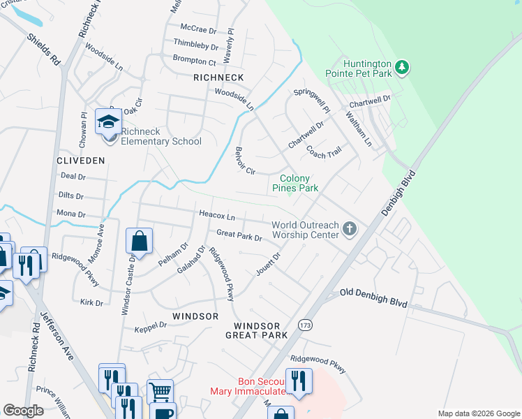 map of restaurants, bars, coffee shops, grocery stores, and more near 10 Sundance Place in Newport News