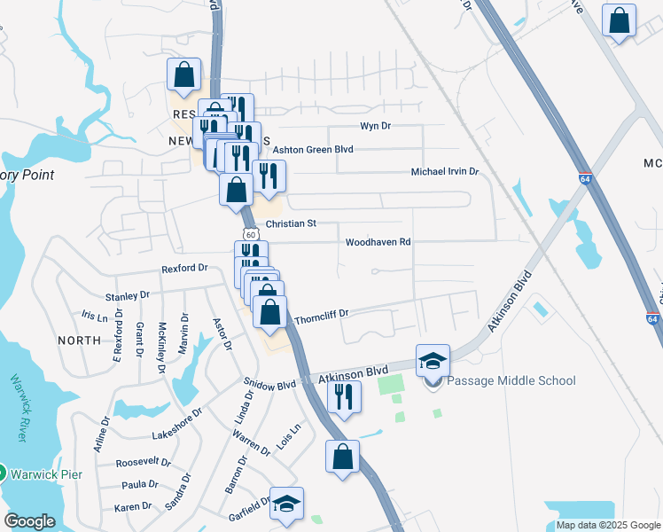 map of restaurants, bars, coffee shops, grocery stores, and more near 501 Dahlia Court in Newport News
