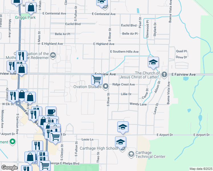 map of restaurants, bars, coffee shops, grocery stores, and more near 816 East Fairview Avenue in Carthage