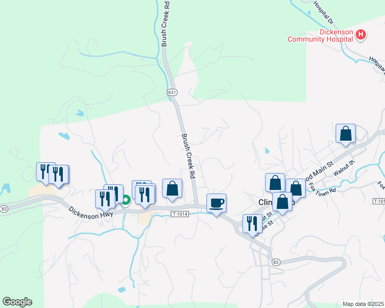 map of restaurants, bars, coffee shops, grocery stores, and more near C C Drive in Clintwood