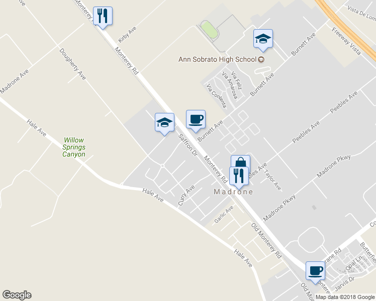 map of restaurants, bars, coffee shops, grocery stores, and more near 19301 Saffron Drive in Morgan Hill