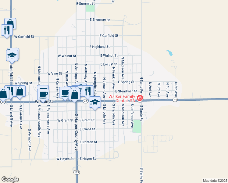map of restaurants, bars, coffee shops, grocery stores, and more near 200 North Franklin Avenue in Anthony