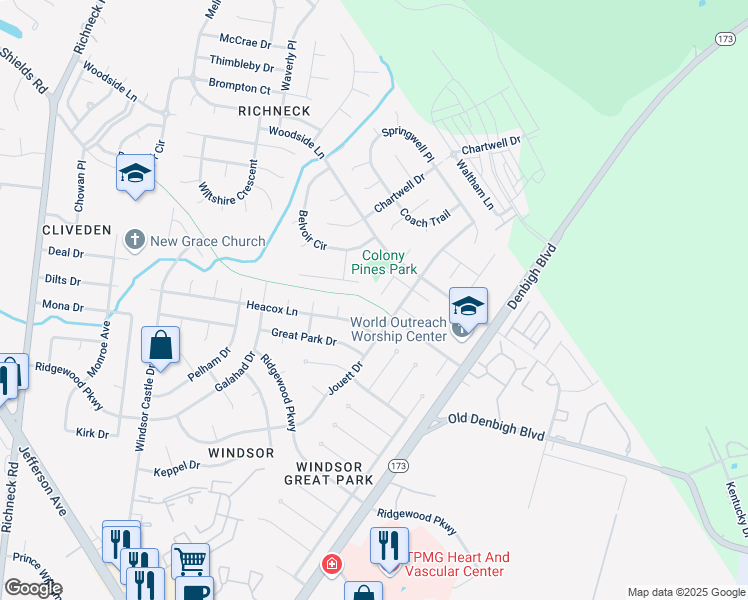 map of restaurants, bars, coffee shops, grocery stores, and more near 901 Silversmith Circle in Newport News