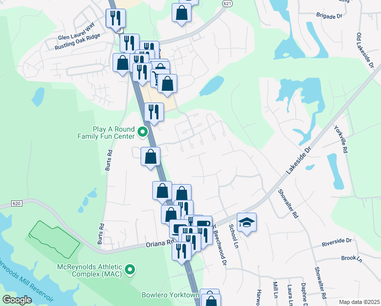 map of restaurants, bars, coffee shops, grocery stores, and more near 107 Quest Court in Yorktown