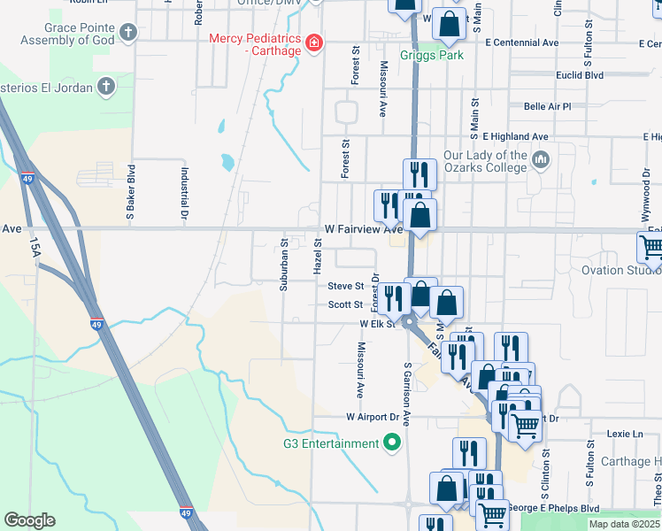 map of restaurants, bars, coffee shops, grocery stores, and more near 2041 Forest Drive in Carthage