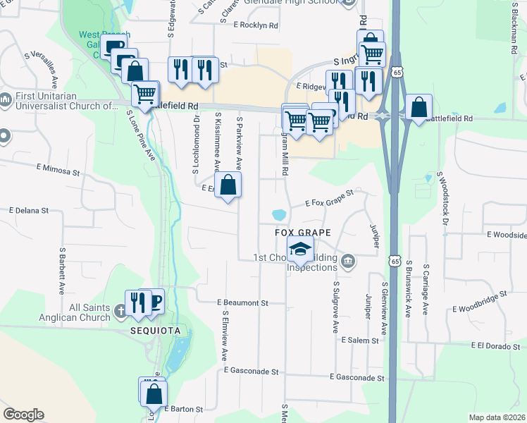 map of restaurants, bars, coffee shops, grocery stores, and more near 3260 South Oak Avenue in Springfield