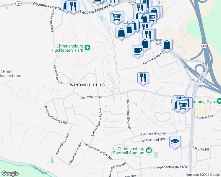 map of restaurants, bars, coffee shops, grocery stores, and more near 60 Phoenix Boulevard Northwest in Christiansburg