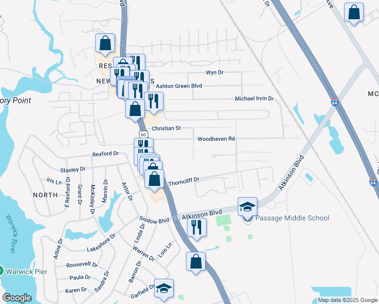 map of restaurants, bars, coffee shops, grocery stores, and more near 501 Dahlia Court in Newport News