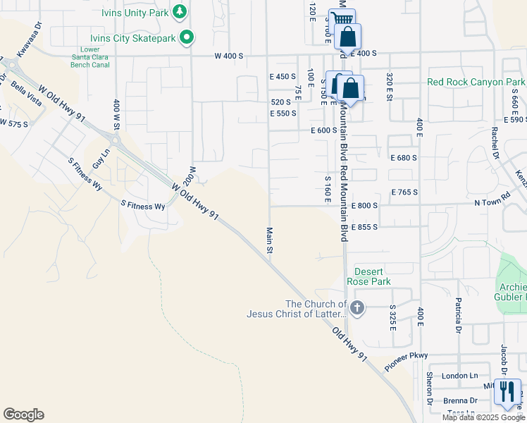 map of restaurants, bars, coffee shops, grocery stores, and more near 927 South 170 East in Ivins