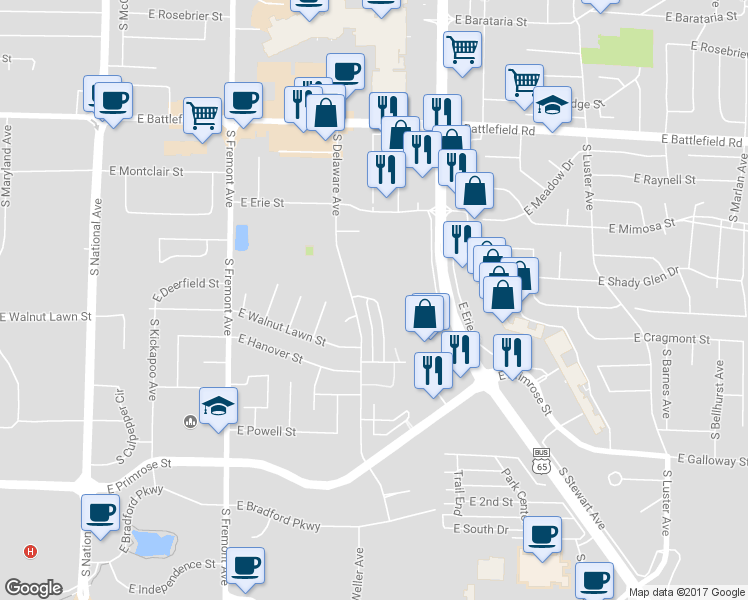 map of restaurants, bars, coffee shops, grocery stores, and more near 3375 South Fairway Avenue in Springfield
