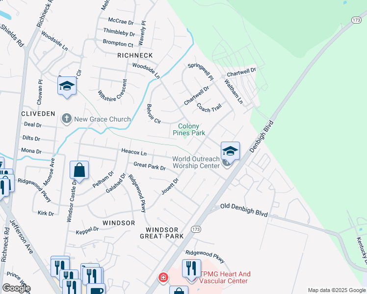 map of restaurants, bars, coffee shops, grocery stores, and more near 901 Silversmith Circle in Newport News