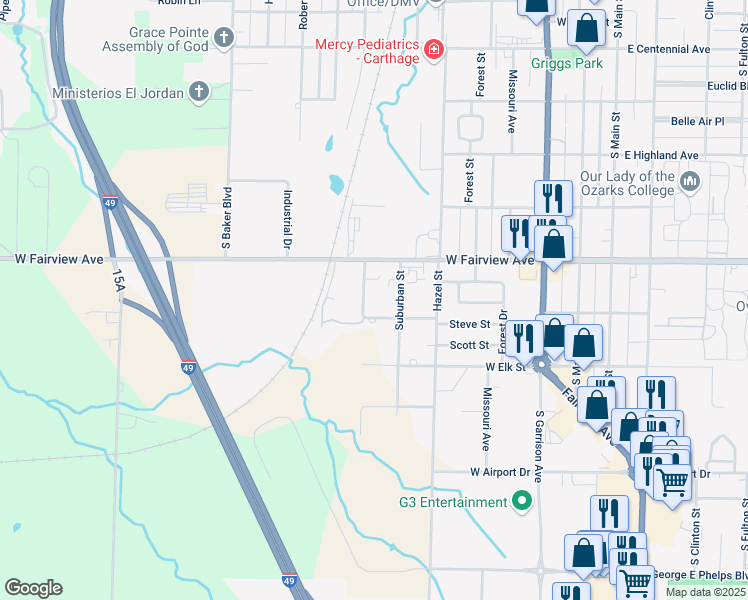 map of restaurants, bars, coffee shops, grocery stores, and more near 2030 Suburban St in Carthage
