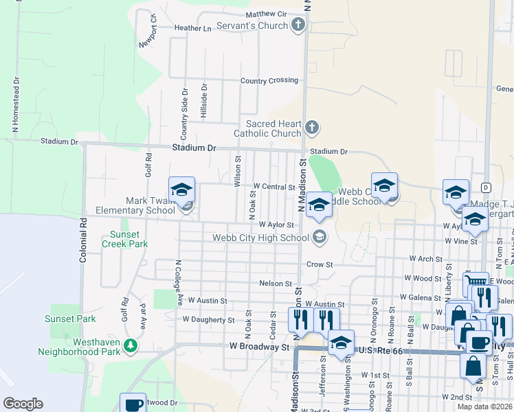 map of restaurants, bars, coffee shops, grocery stores, and more near 728 North Oak Street in Webb City